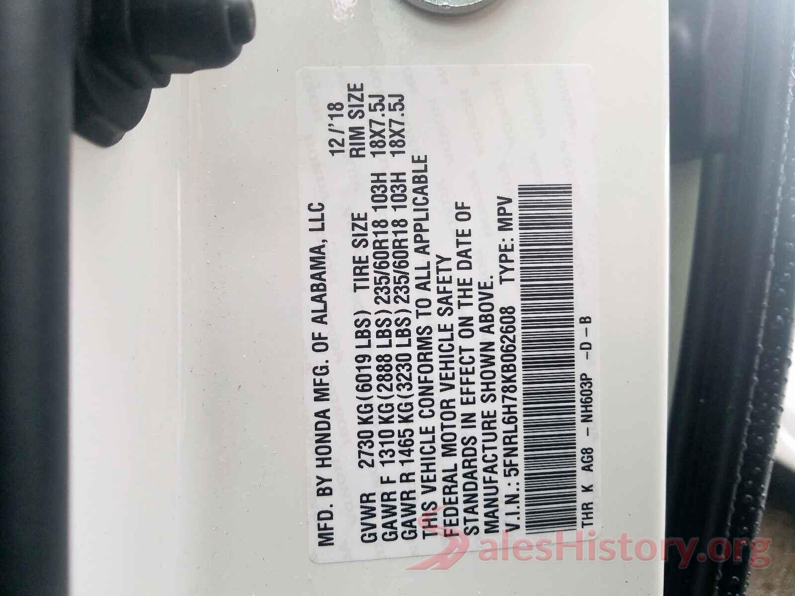 5FNRL6H78KB062608 2019 HONDA ODYSSEY