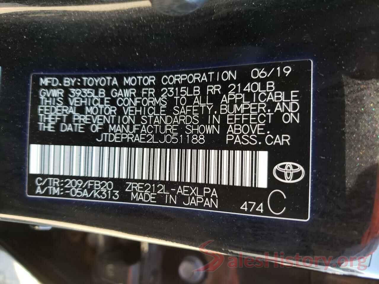 JTDEPRAE2LJ051188 2020 TOYOTA COROLLA