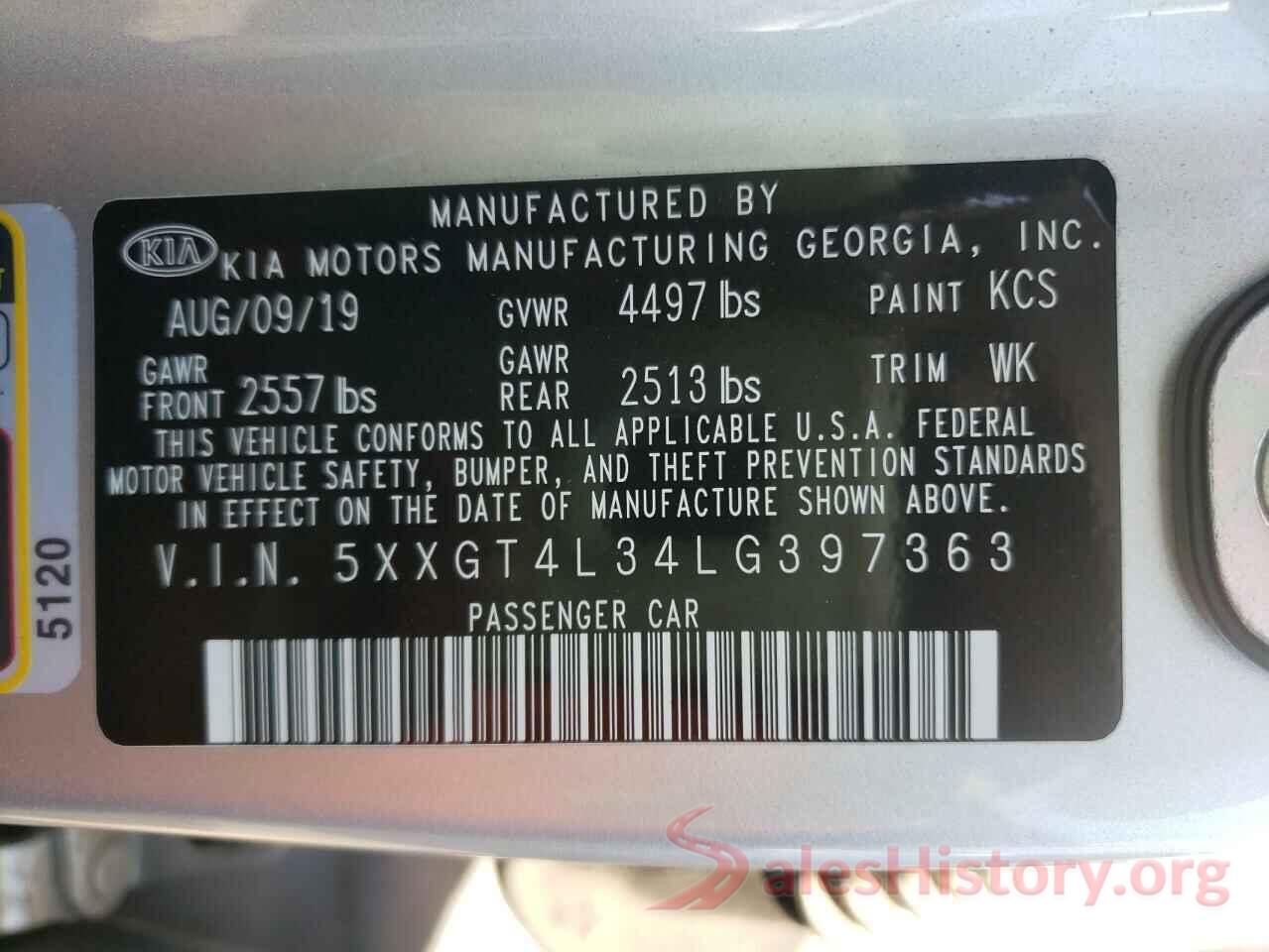 5XXGT4L34LG397363 2020 KIA OPTIMA