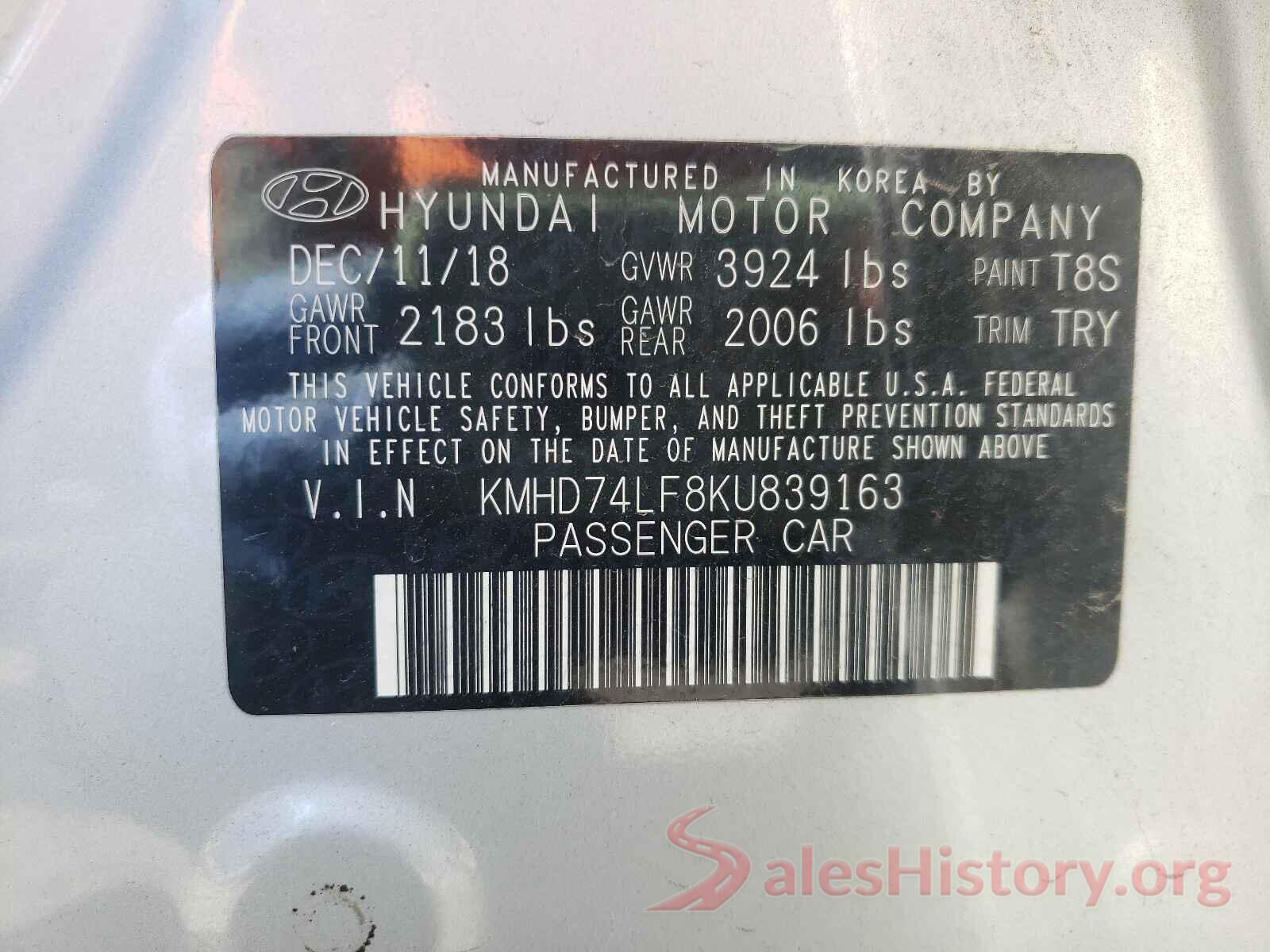 KMHD74LF8KU839163 2019 HYUNDAI ELANTRA