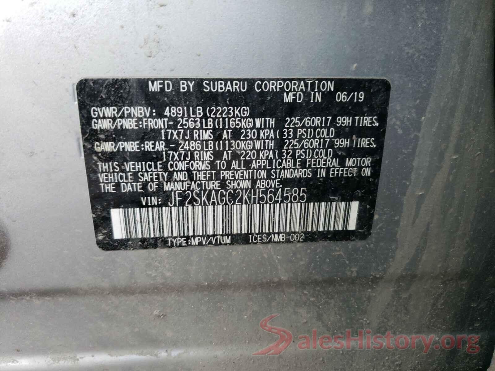 JF2SKAGC2KH564585 2019 SUBARU FORESTER