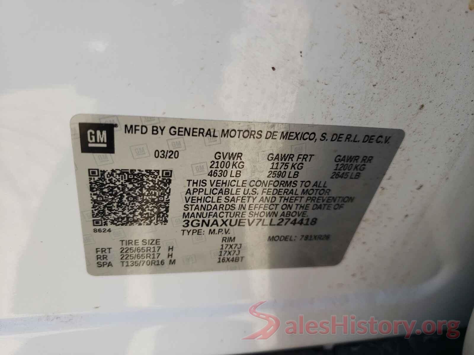 3GNAXUEV7LL274418 2020 CHEVROLET EQUINOX