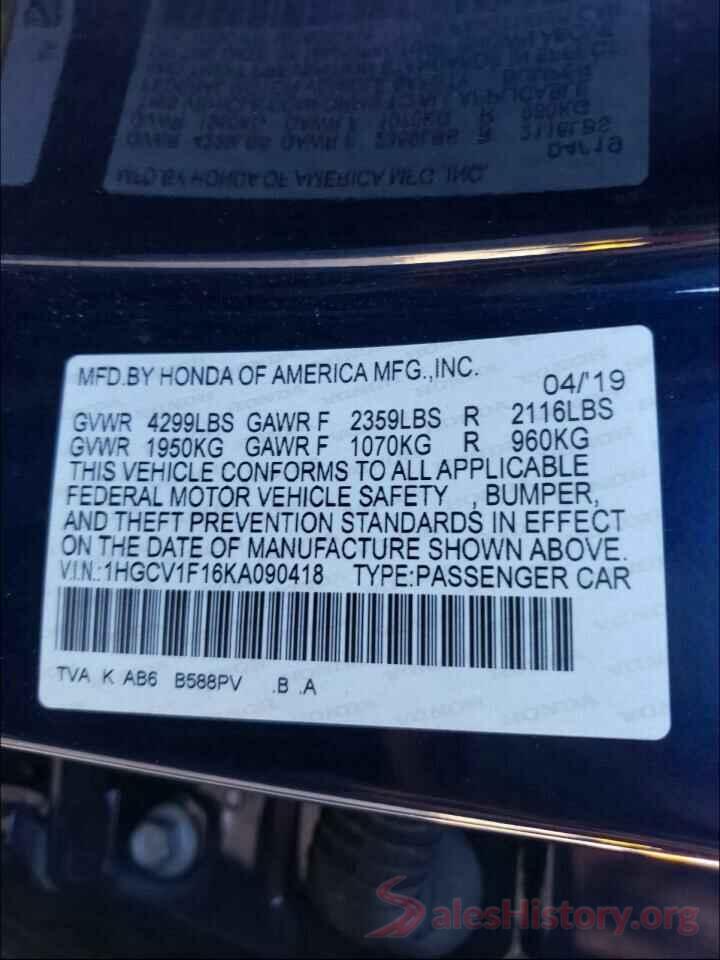 1HGCV1F16KA090418 2019 HONDA ACCORD