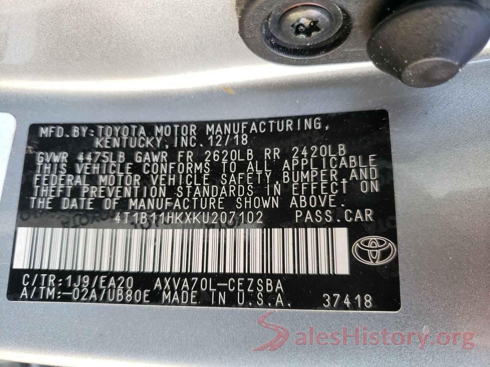 4T1B11HKXKU207102 2019 TOYOTA CAMRY