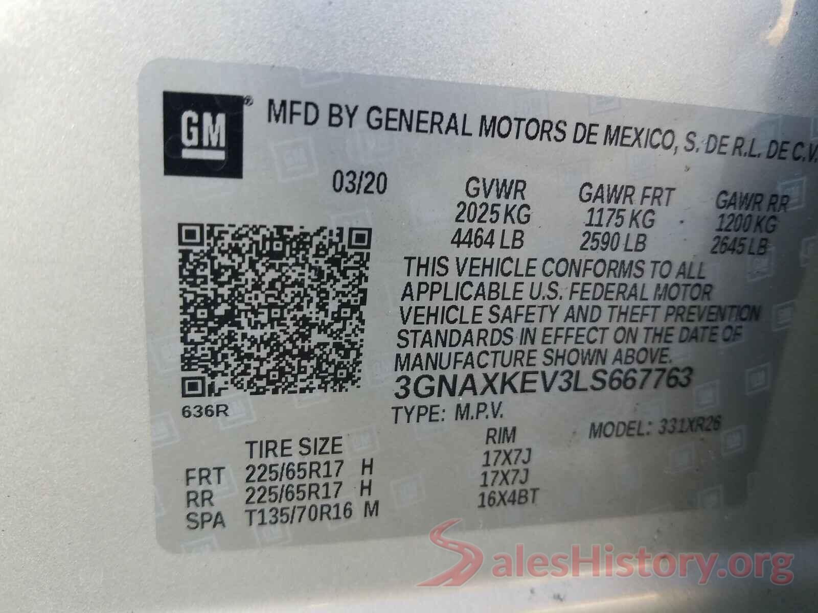 3GNAXKEV3LS667763 2020 CHEVROLET EQUINOX