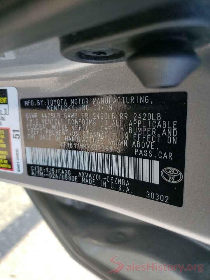 4T1B11HK7KU239845 2019 TOYOTA CAMRY