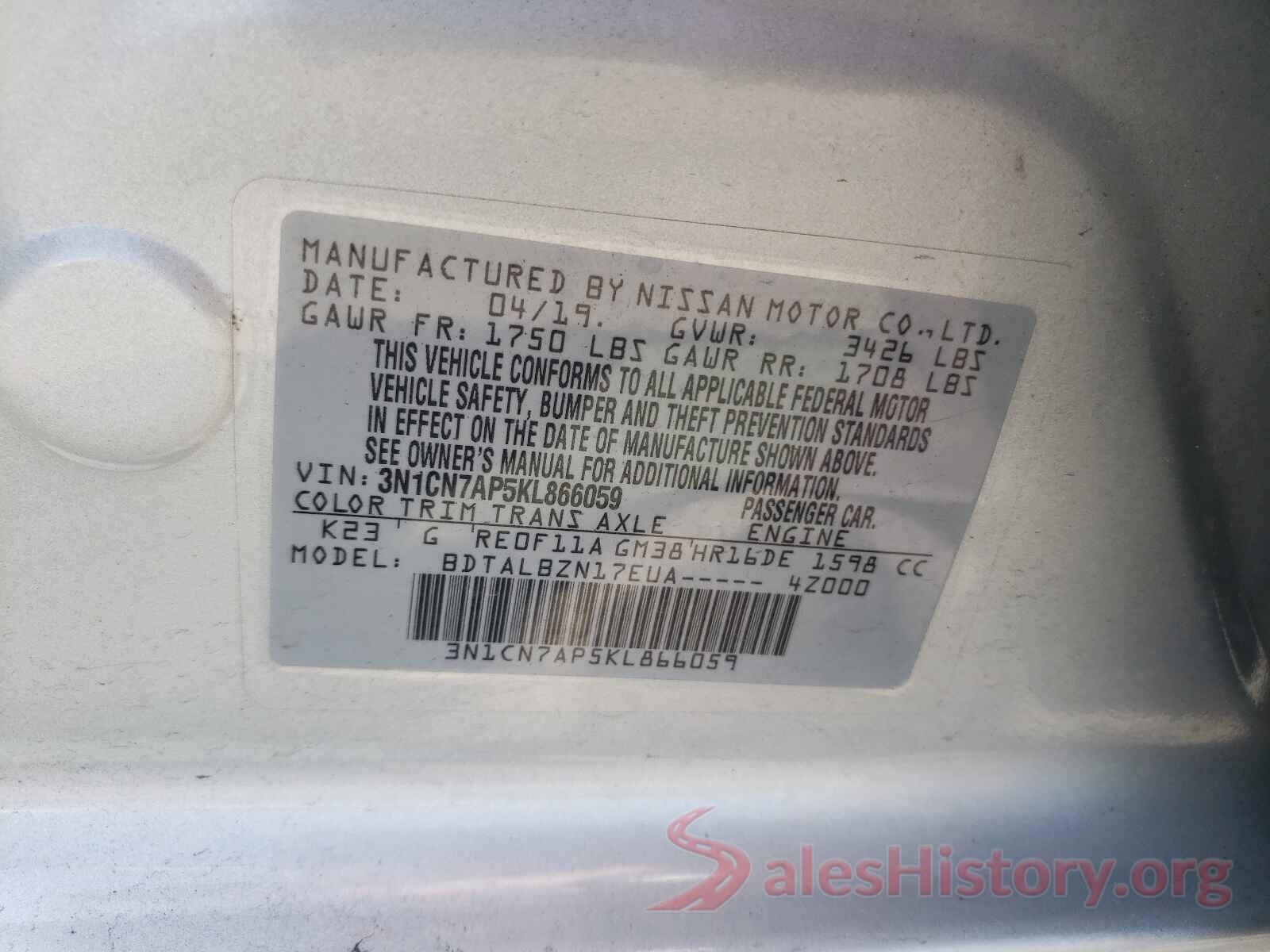 3N1CN7AP5KL866059 2019 NISSAN VERSA