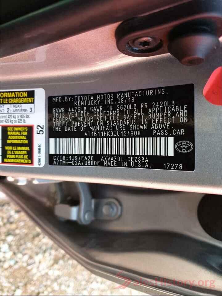 4T1B11HK9JU154908 2018 TOYOTA CAMRY