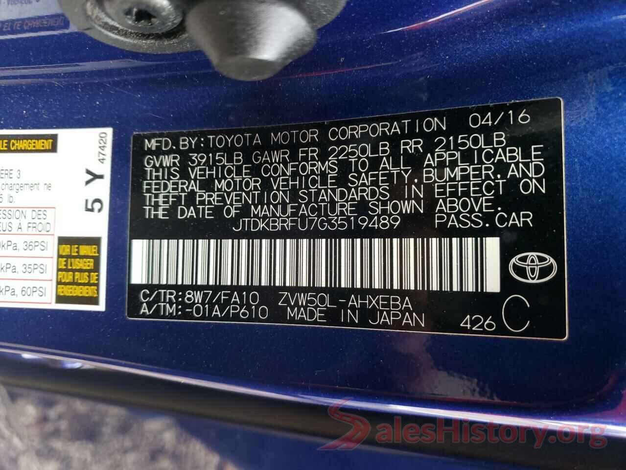 JTDKBRFU7G3519489 2016 TOYOTA PRIUS