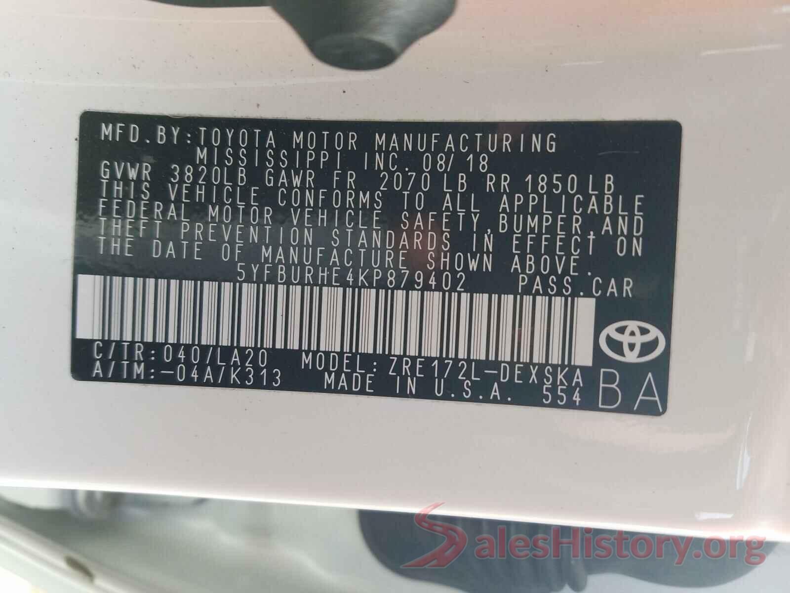 5YFBURHE4KP879402 2019 TOYOTA COROLLA