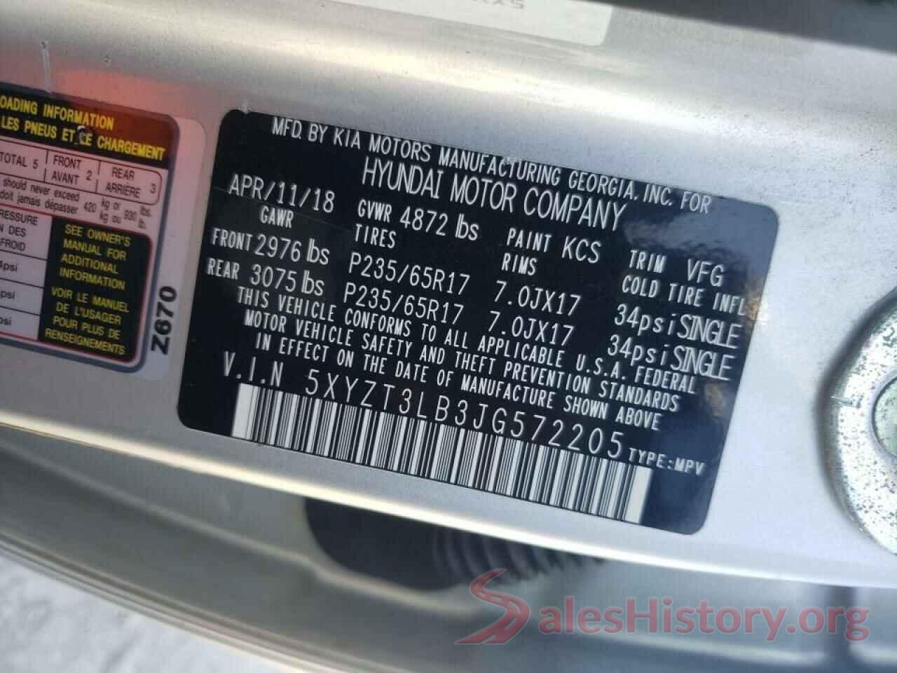 5XYZT3LB3JG572205 2018 HYUNDAI SANTA FE