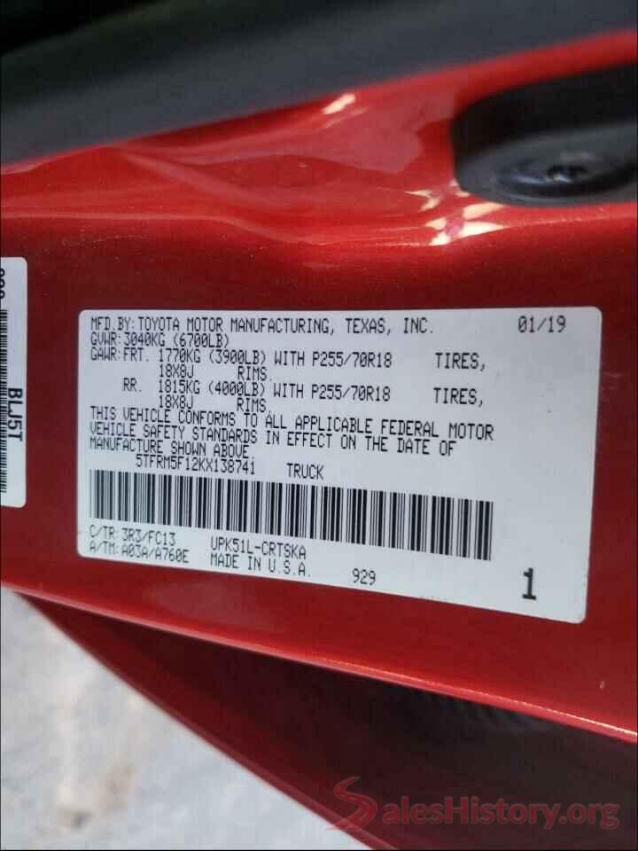 5TFRM5F12KX138741 2019 TOYOTA TUNDRA