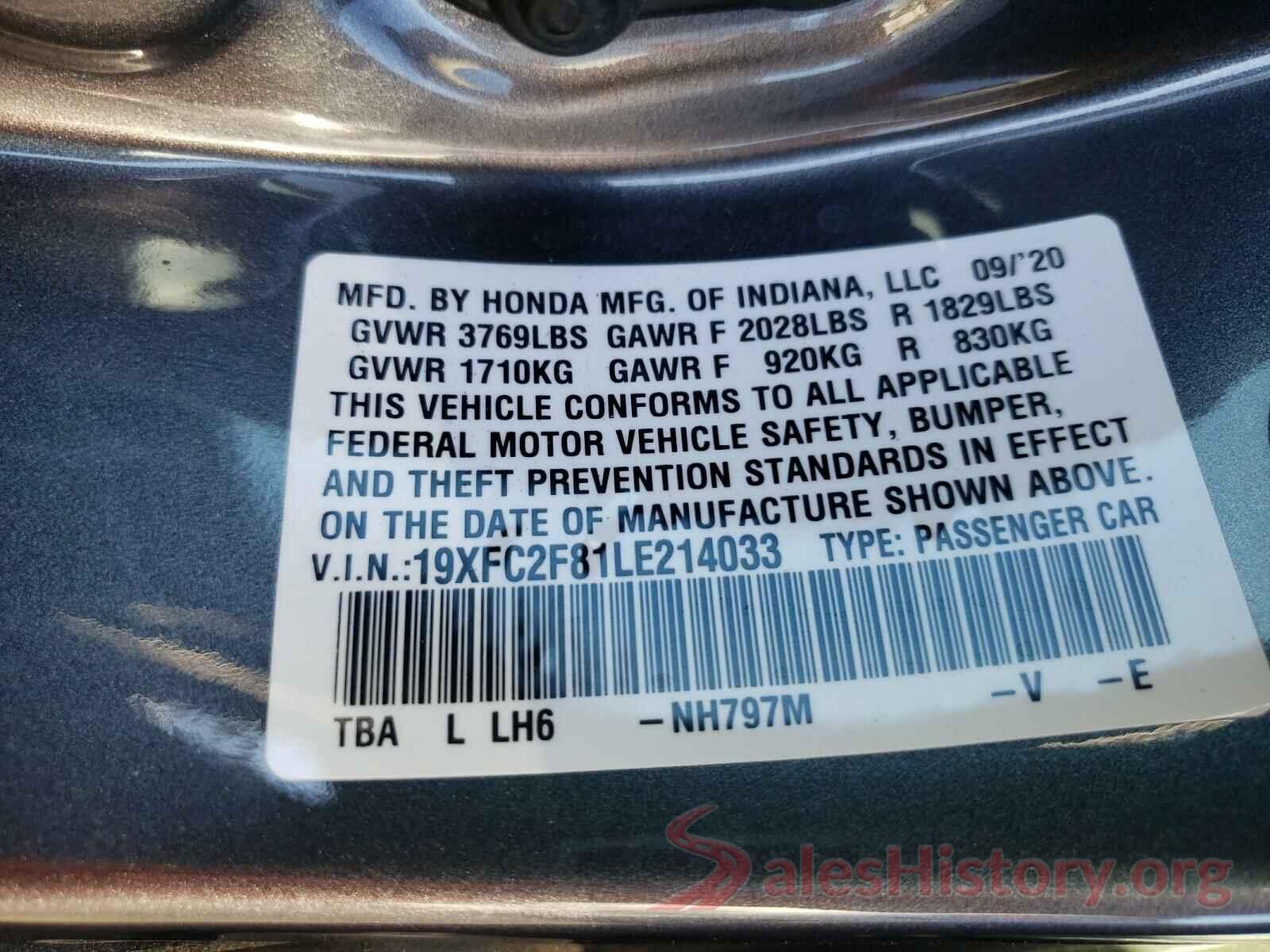 19XFC2F81LE214033 2020 HONDA CIVIC