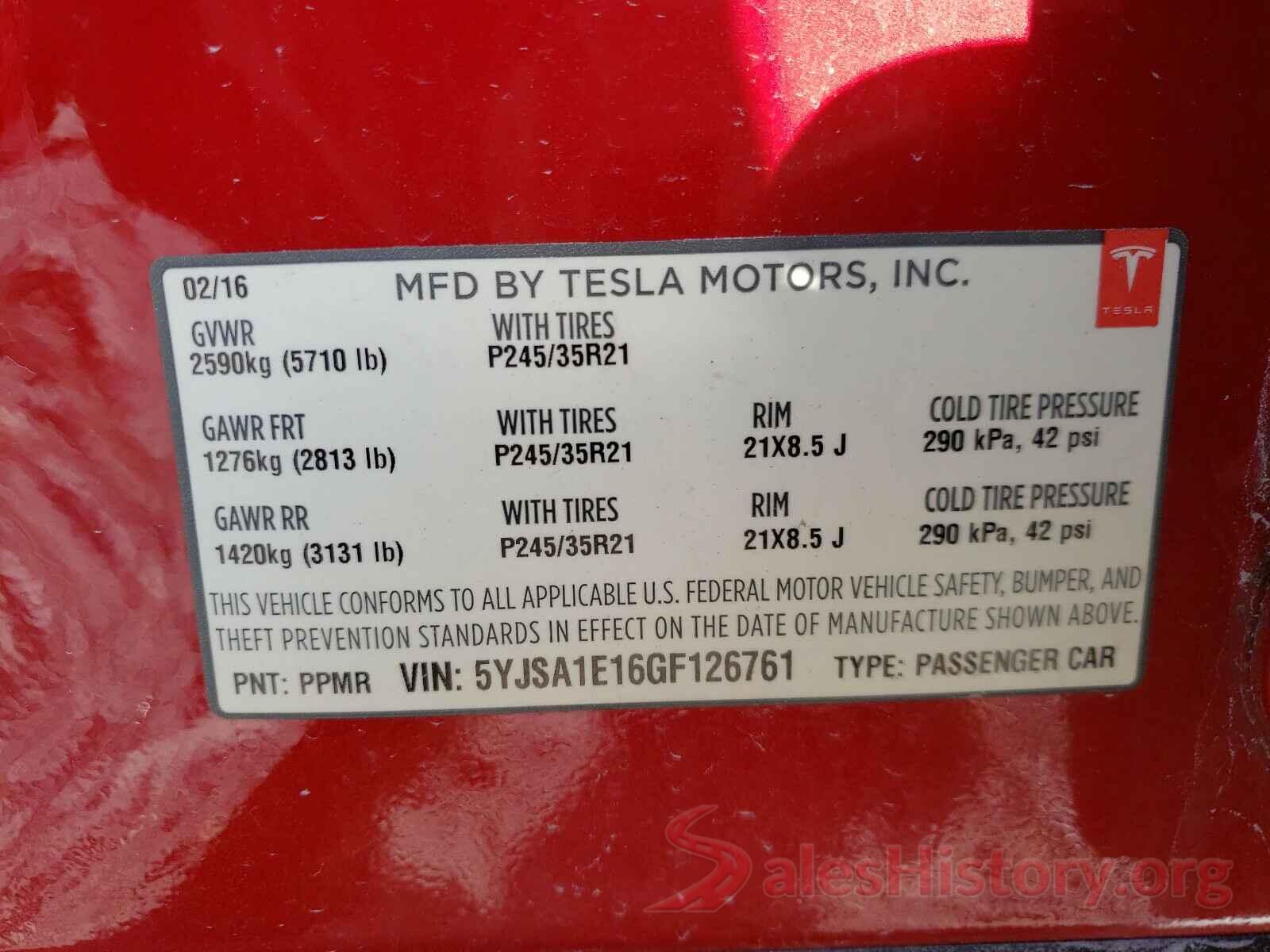 5YJSA1E16GF126761 2016 TESLA MODEL S