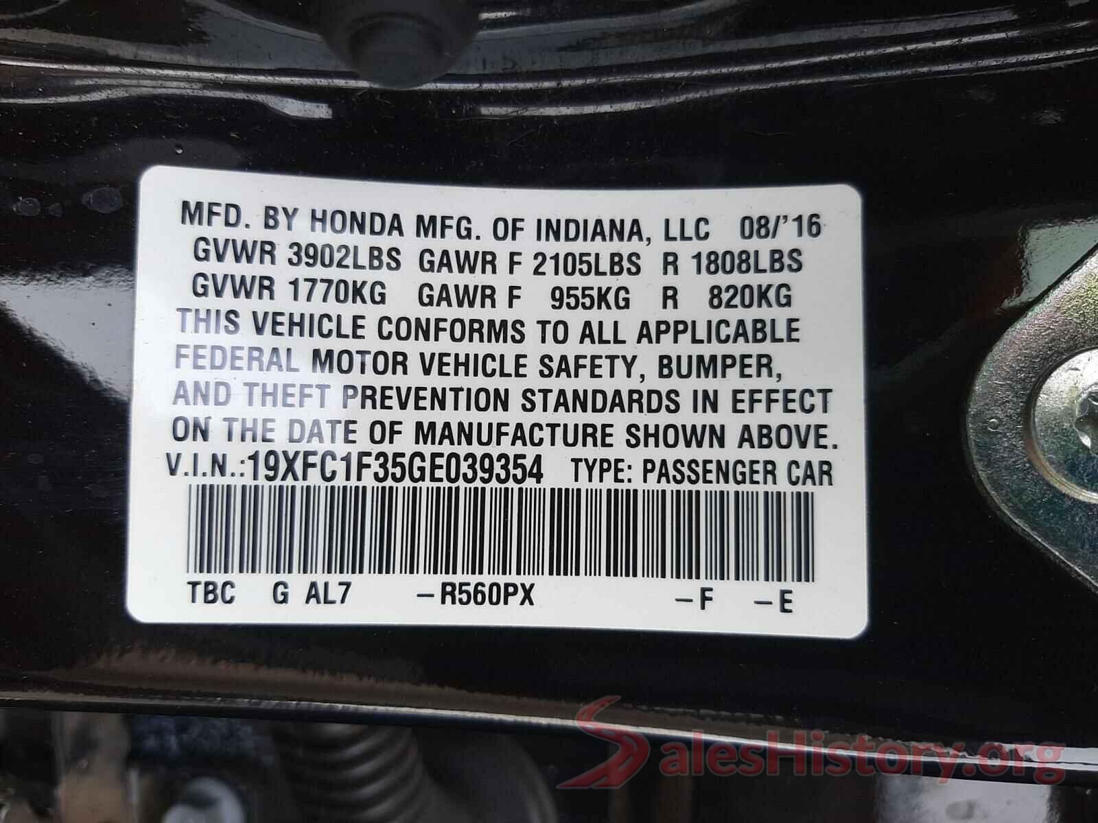 19XFC1F35GE039354 2016 HONDA CIVIC