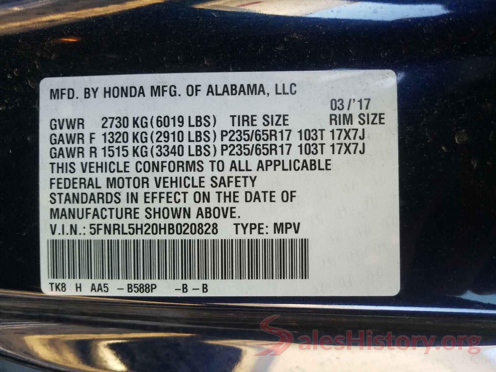 5FNRL5H20HB020828 2017 HONDA ODYSSEY