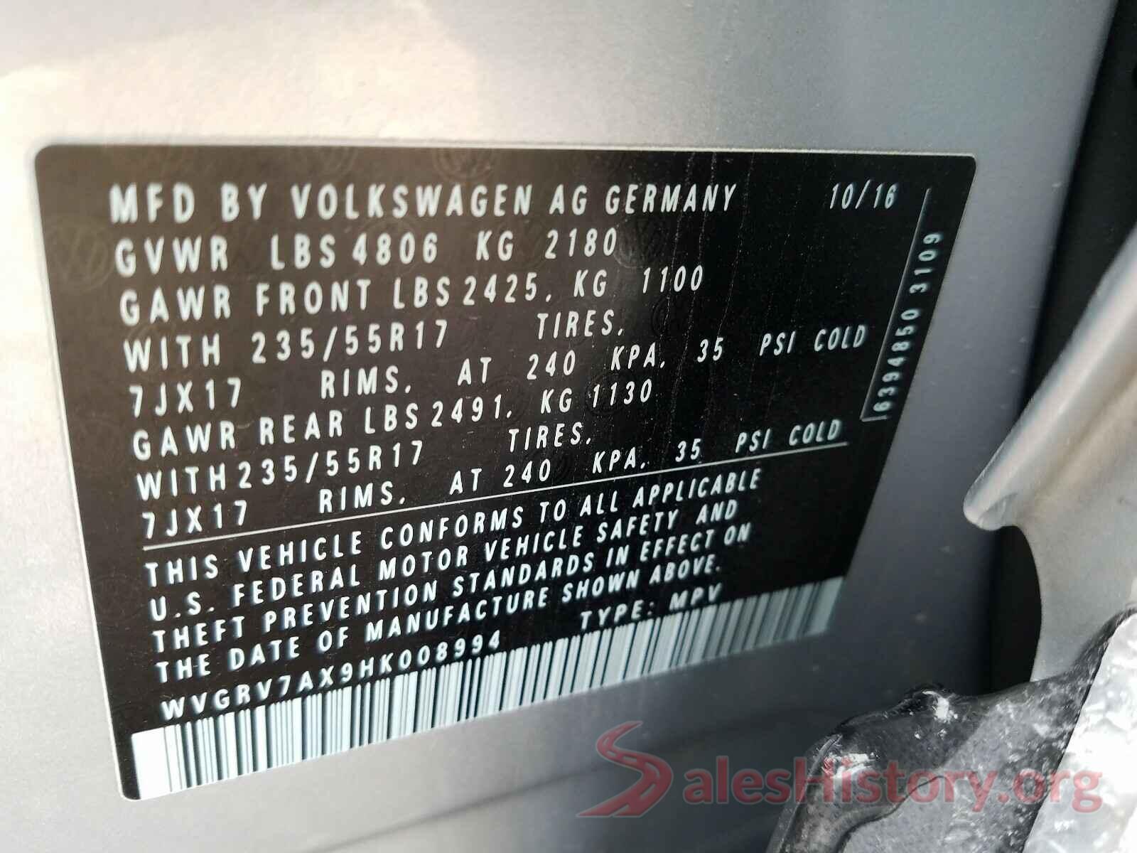 WVGRV7AX9HK008994 2017 VOLKSWAGEN TIGUAN