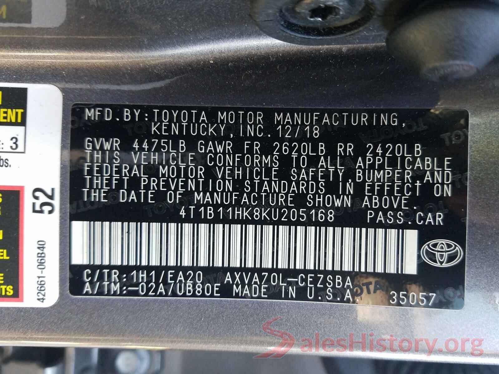 4T1B11HK8KU205168 2019 TOYOTA CAMRY