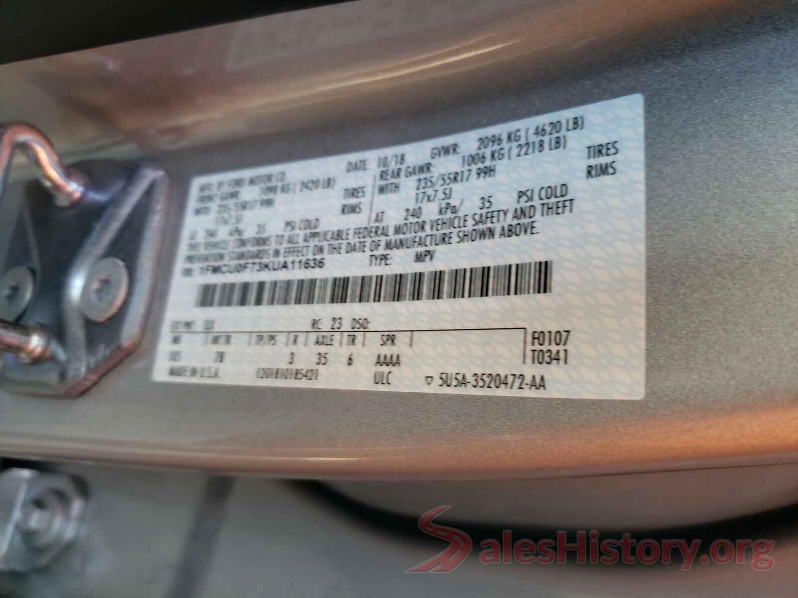 1FMCU0F73KUA11636 2019 FORD ESCAPE