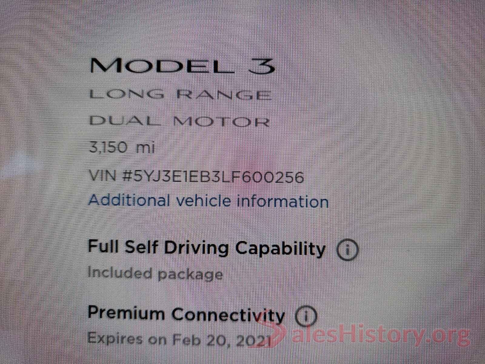 5YJ3E1EB3LF600256 2020 TESLA MODEL 3