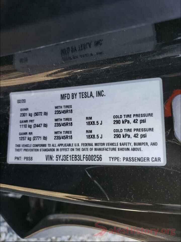 5YJ3E1EB3LF600256 2020 TESLA MODEL 3