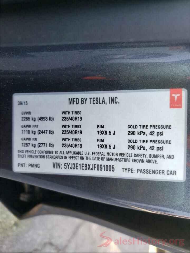 5YJ3E1EBXJF091005 2018 TESLA MODEL 3