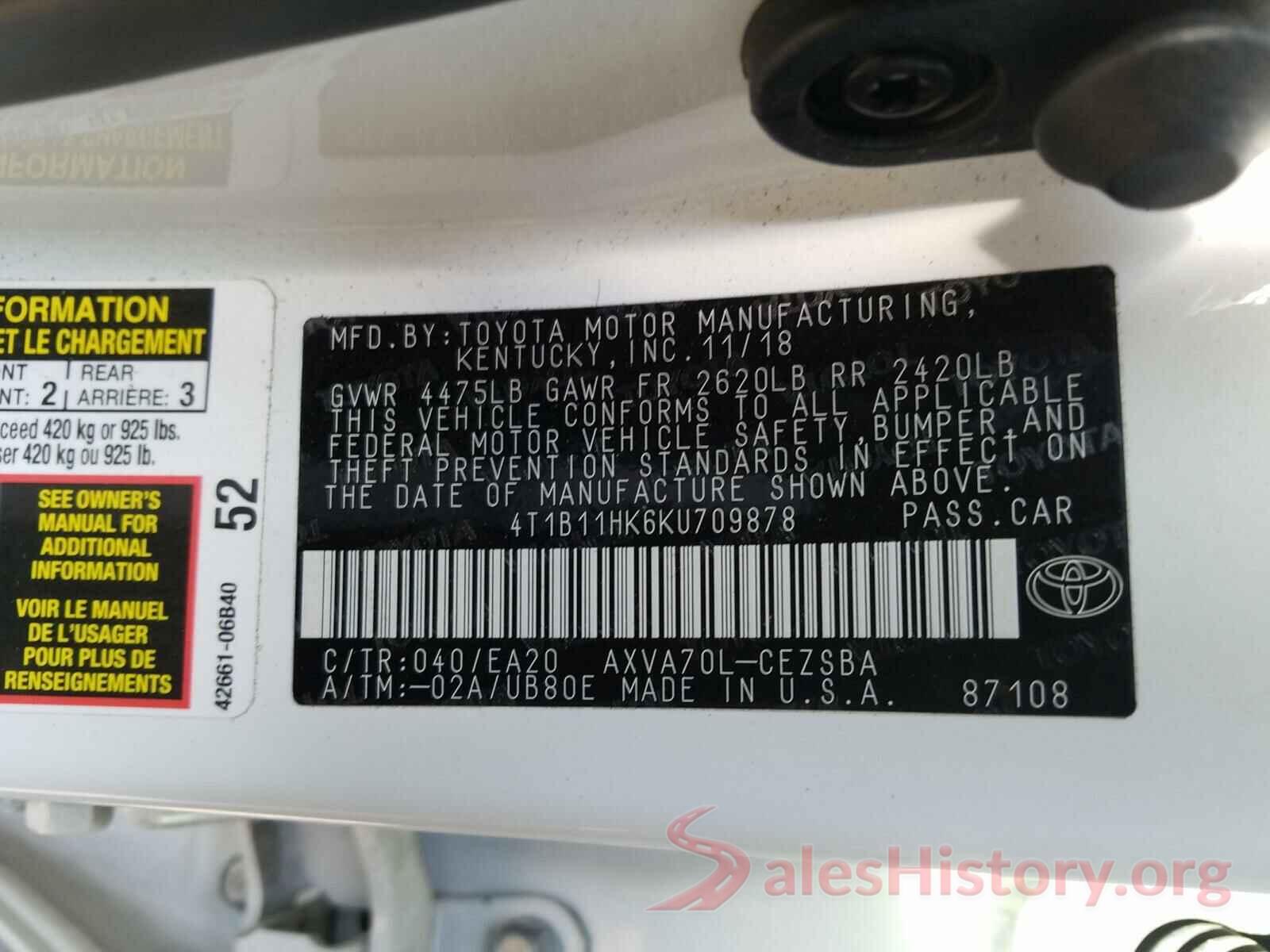 4T1B11HK6KU709878 2019 TOYOTA CAMRY