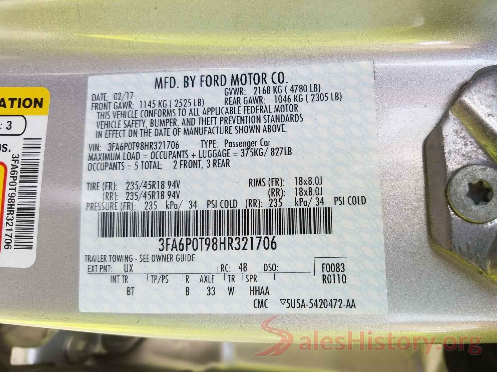 3FA6P0T98HR321706 2017 FORD FUSION