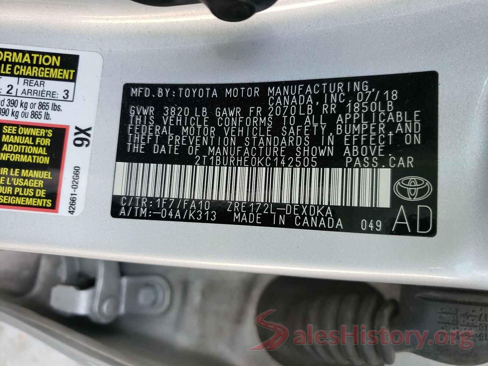 2T1BURHE0KC142505 2019 TOYOTA COROLLA