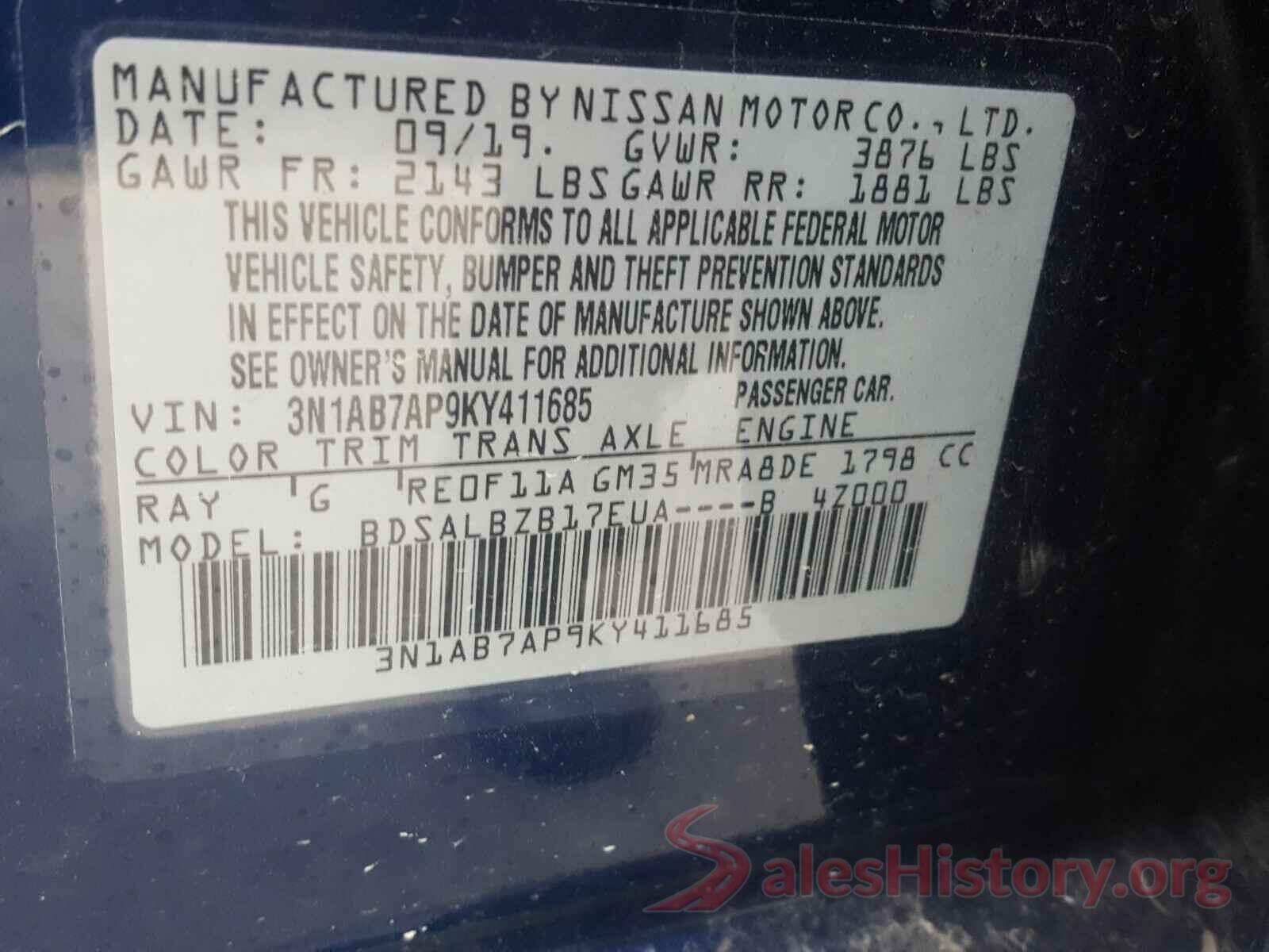 3N1AB7AP9KY411685 2019 NISSAN SENTRA