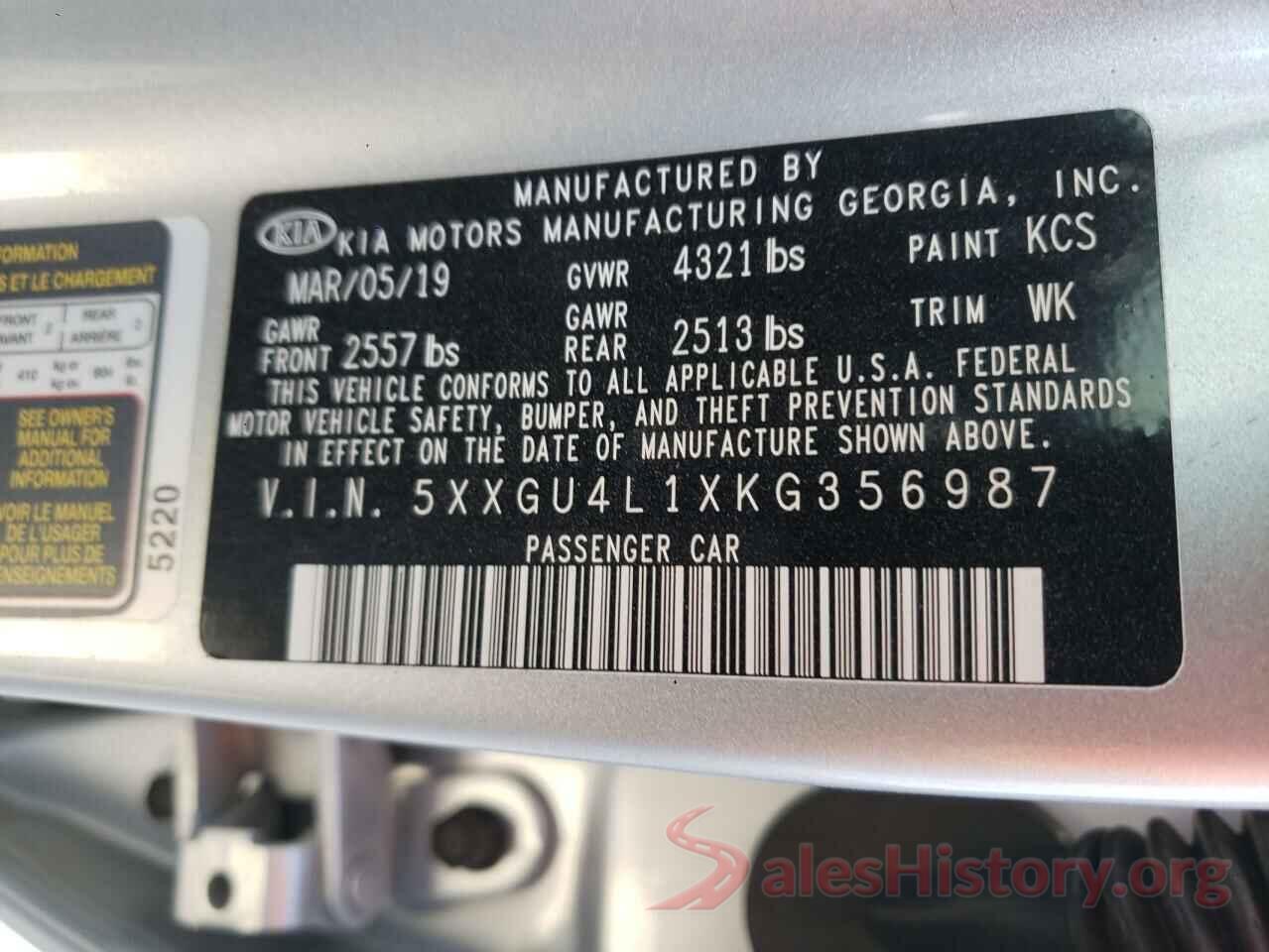 5XXGU4L1XKG356987 2019 KIA OPTIMA