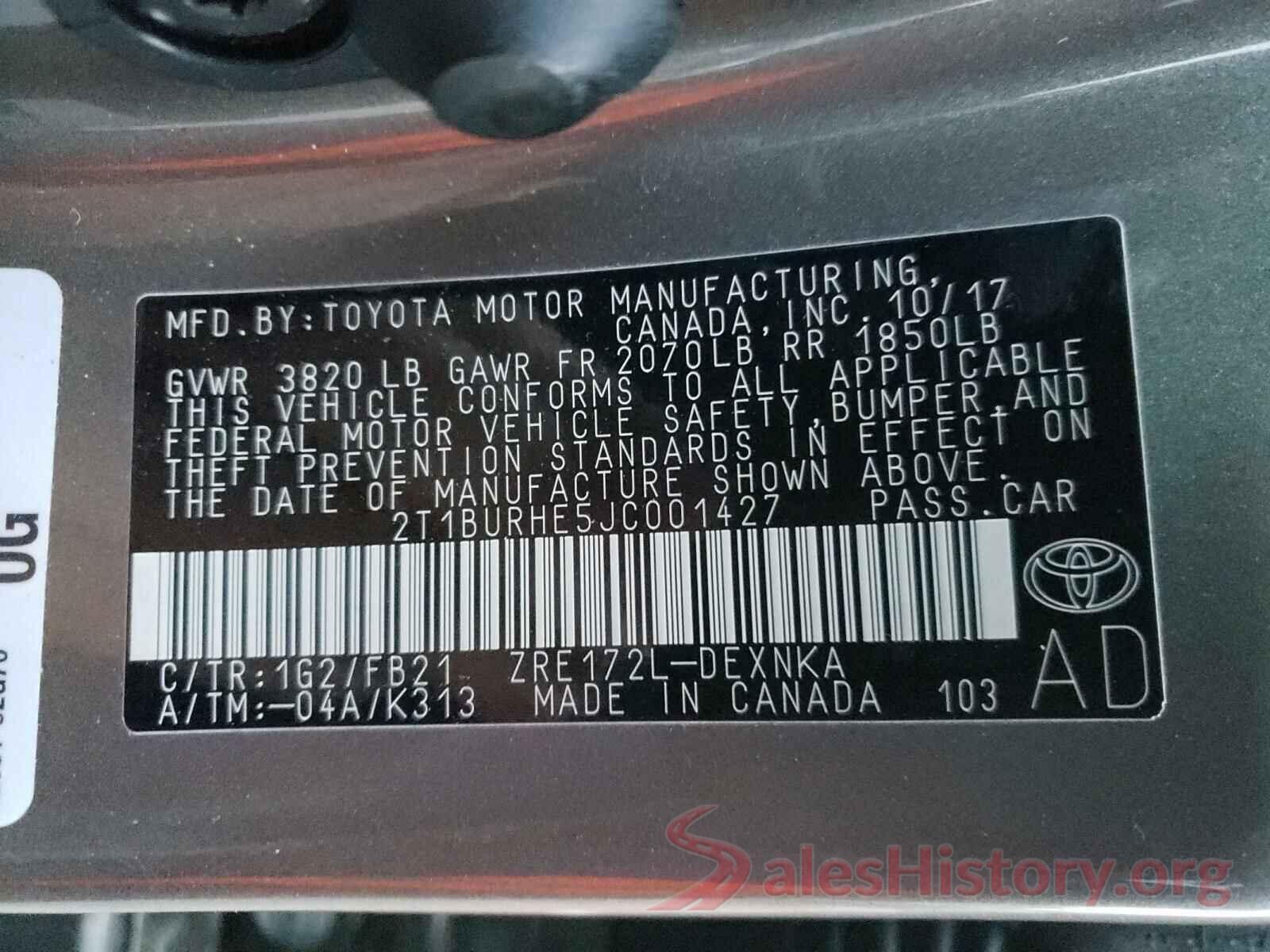 2T1BURHE5JC001427 2018 TOYOTA COROLLA