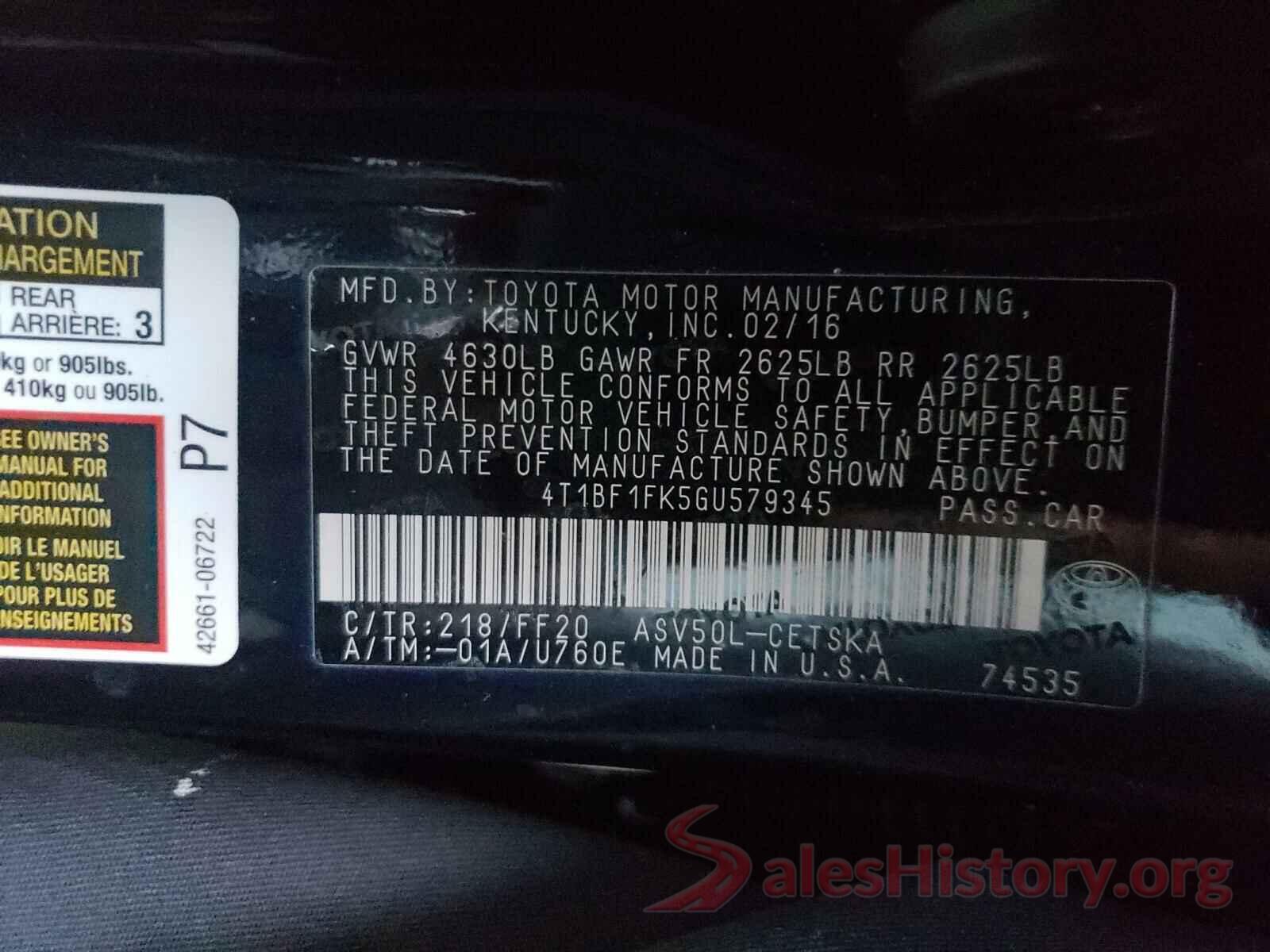 4T1BF1FK5GU579345 2016 TOYOTA CAMRY