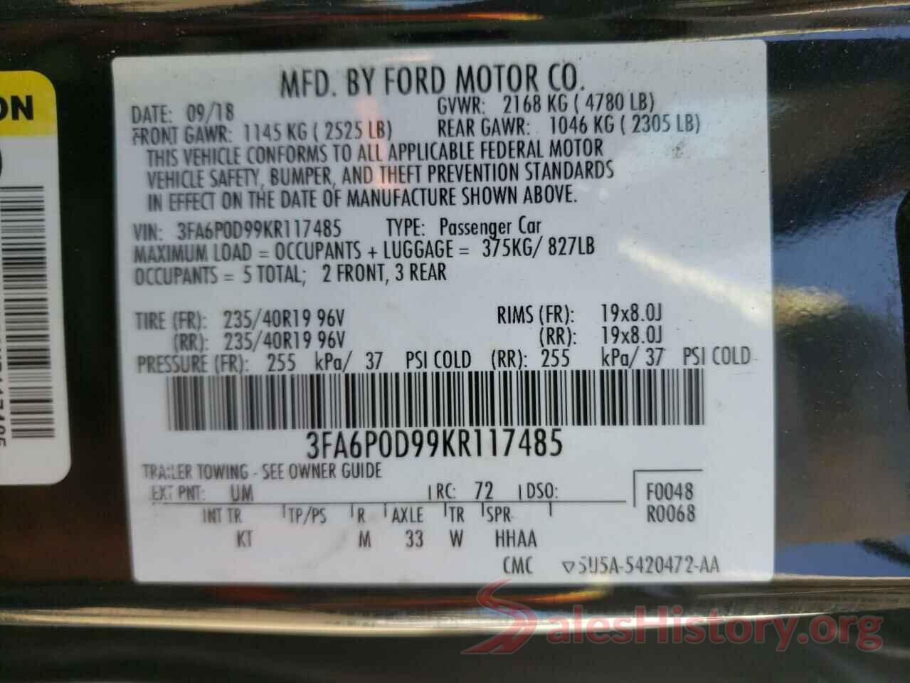 3FA6P0D99KR117485 2019 FORD FUSION