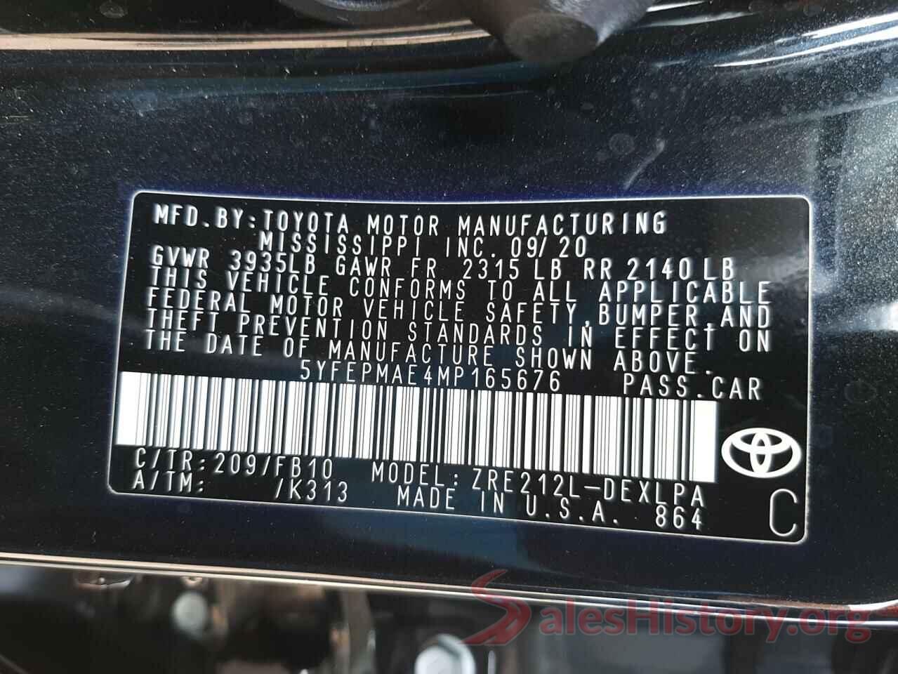 5YFEPMAE4MP165676 2021 TOYOTA COROLLA