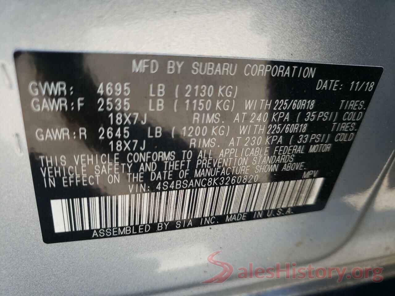 4S4BSANC8K3260820 2019 SUBARU OUTBACK