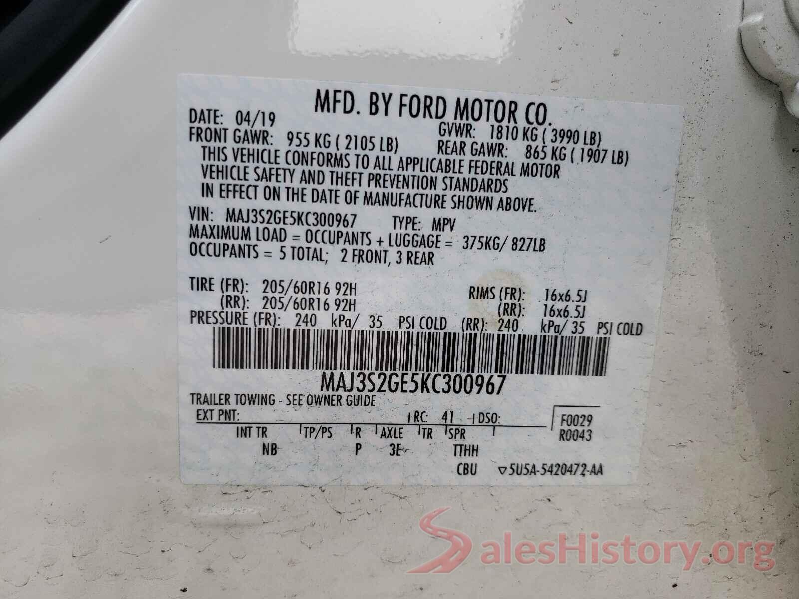 MAJ3S2GE5KC300967 2019 FORD ALL OTHER