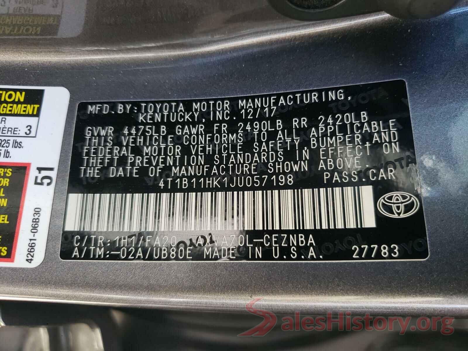 4T1B11HK1JU057198 2018 TOYOTA CAMRY