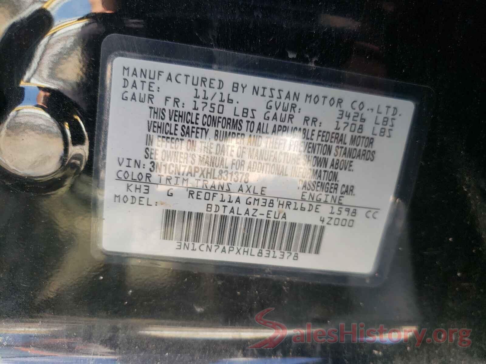 3N1CN7APXHL831378 2017 NISSAN VERSA