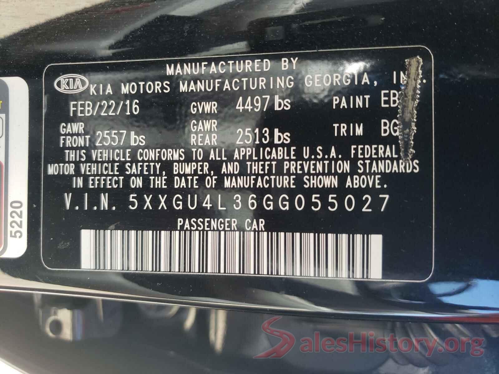 5XXGU4L36GG055027 2016 KIA OPTIMA