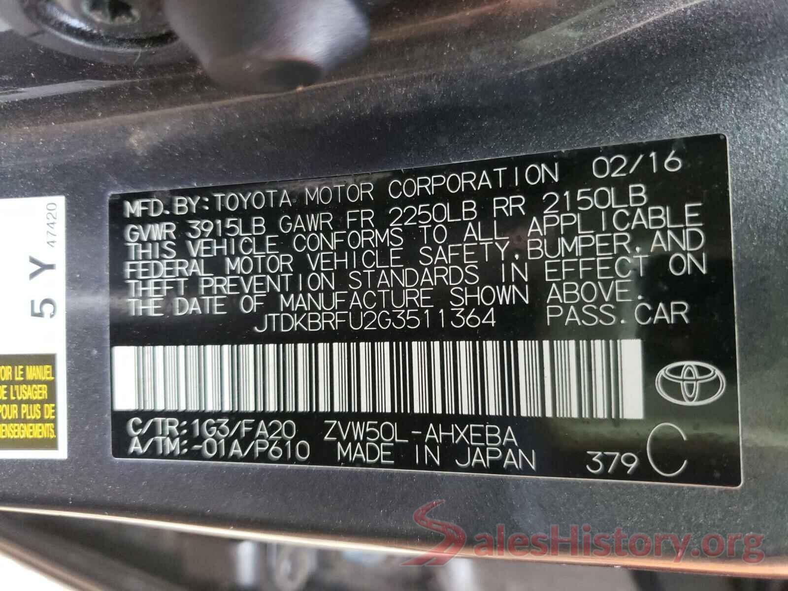 JTDKBRFU2G3511364 2016 TOYOTA PRIUS