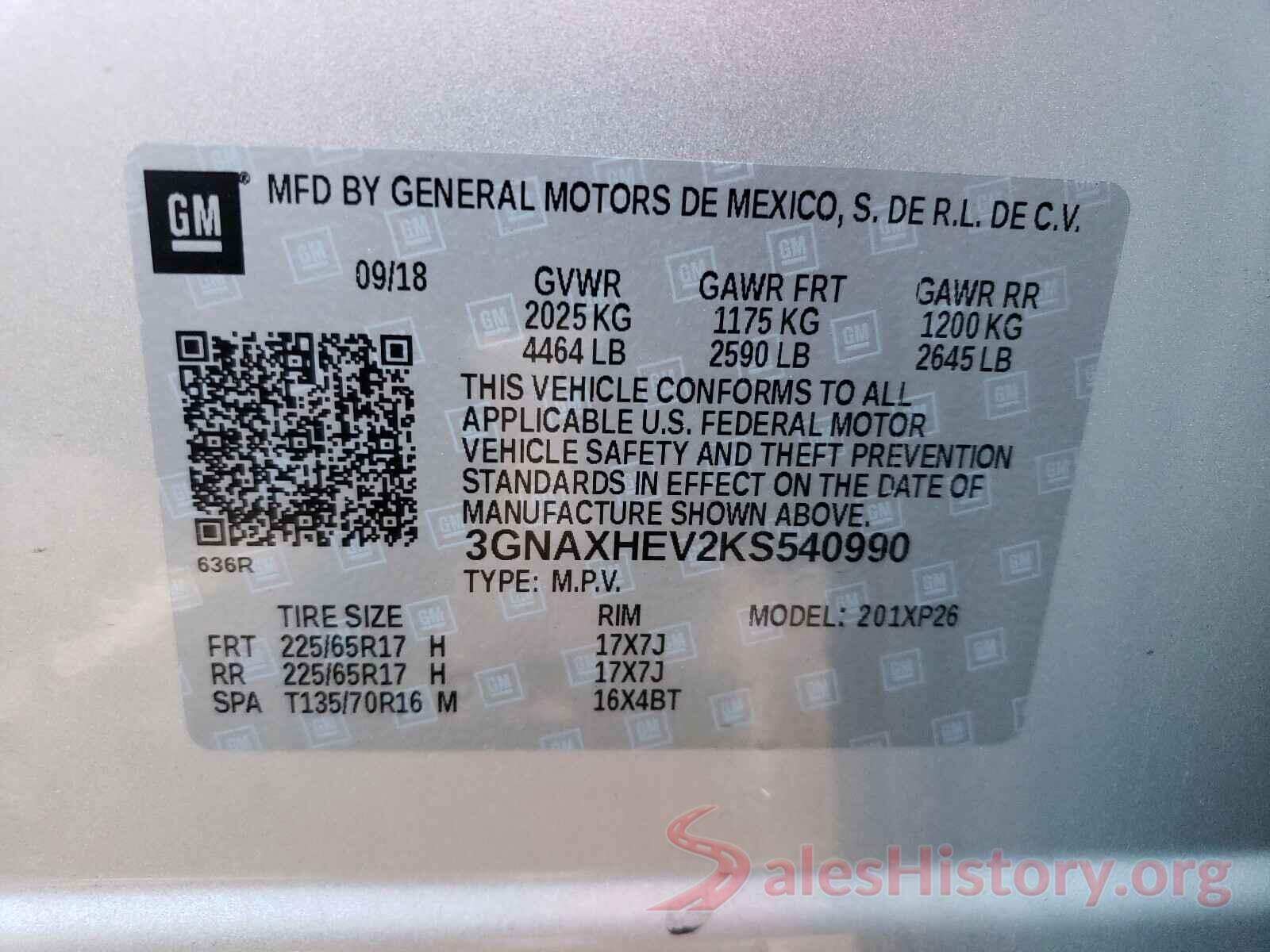 3GNAXHEV2KS540990 2019 CHEVROLET EQUINOX