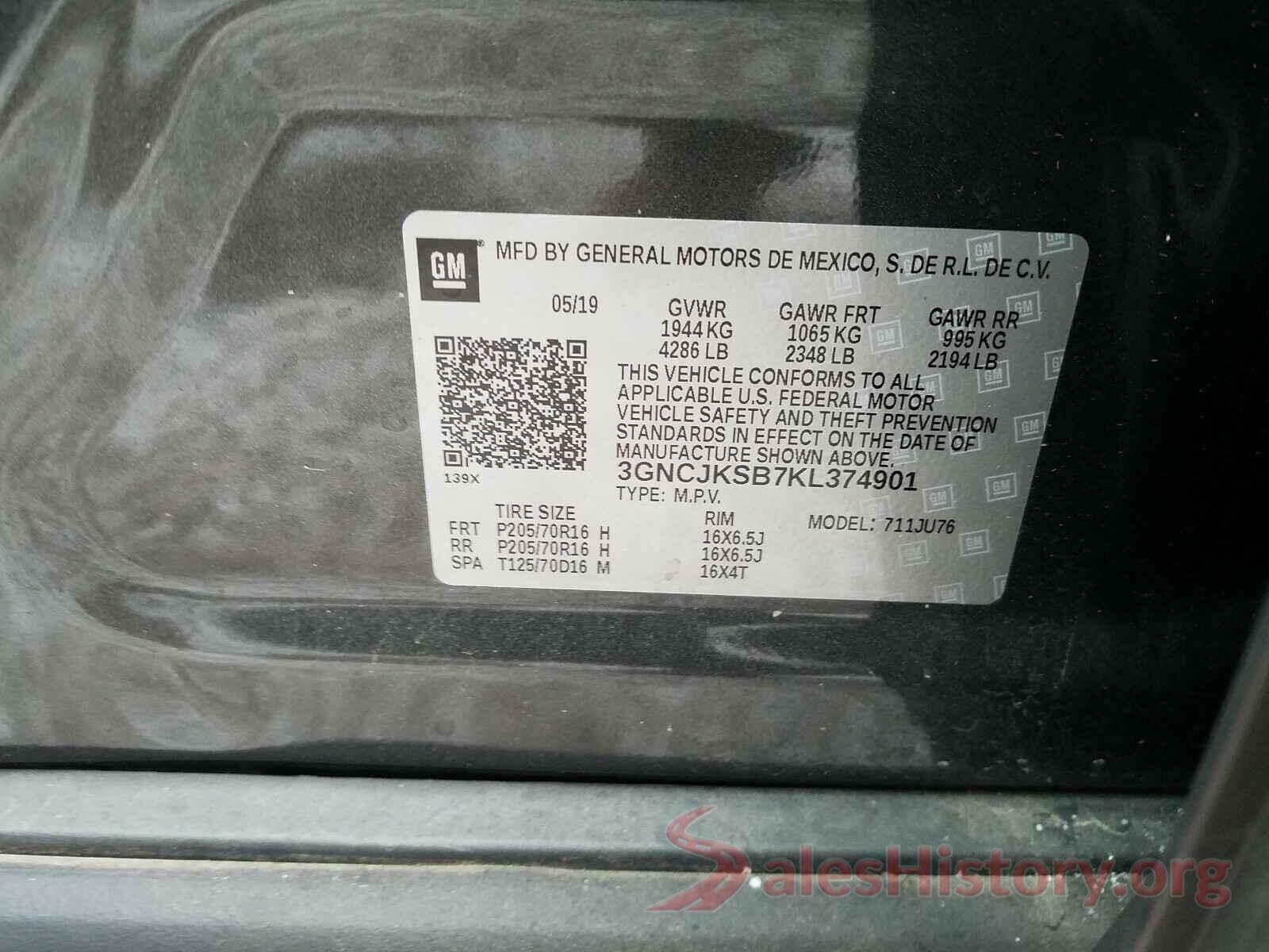 3GNCJKSB7KL374901 2019 CHEVROLET TRAX