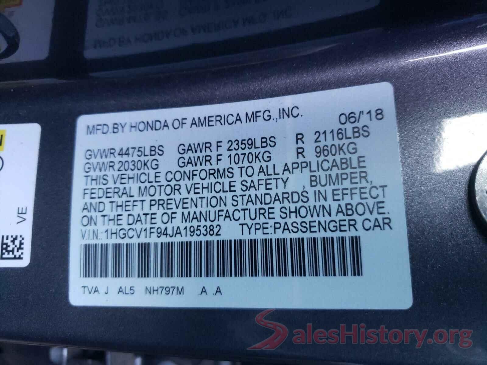 1HGCV1F94JA195382 2018 HONDA ACCORD