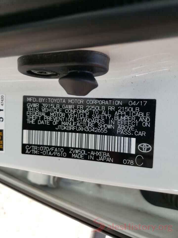 JTDKBRFUXH3042655 2017 TOYOTA PRIUS