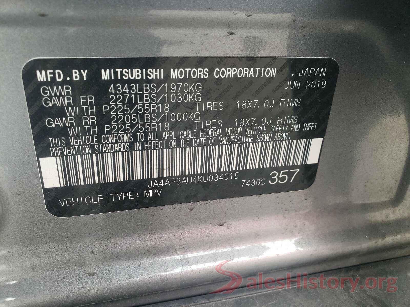 JA4AP3AU4KU034015 2019 MITSUBISHI OUTLANDER