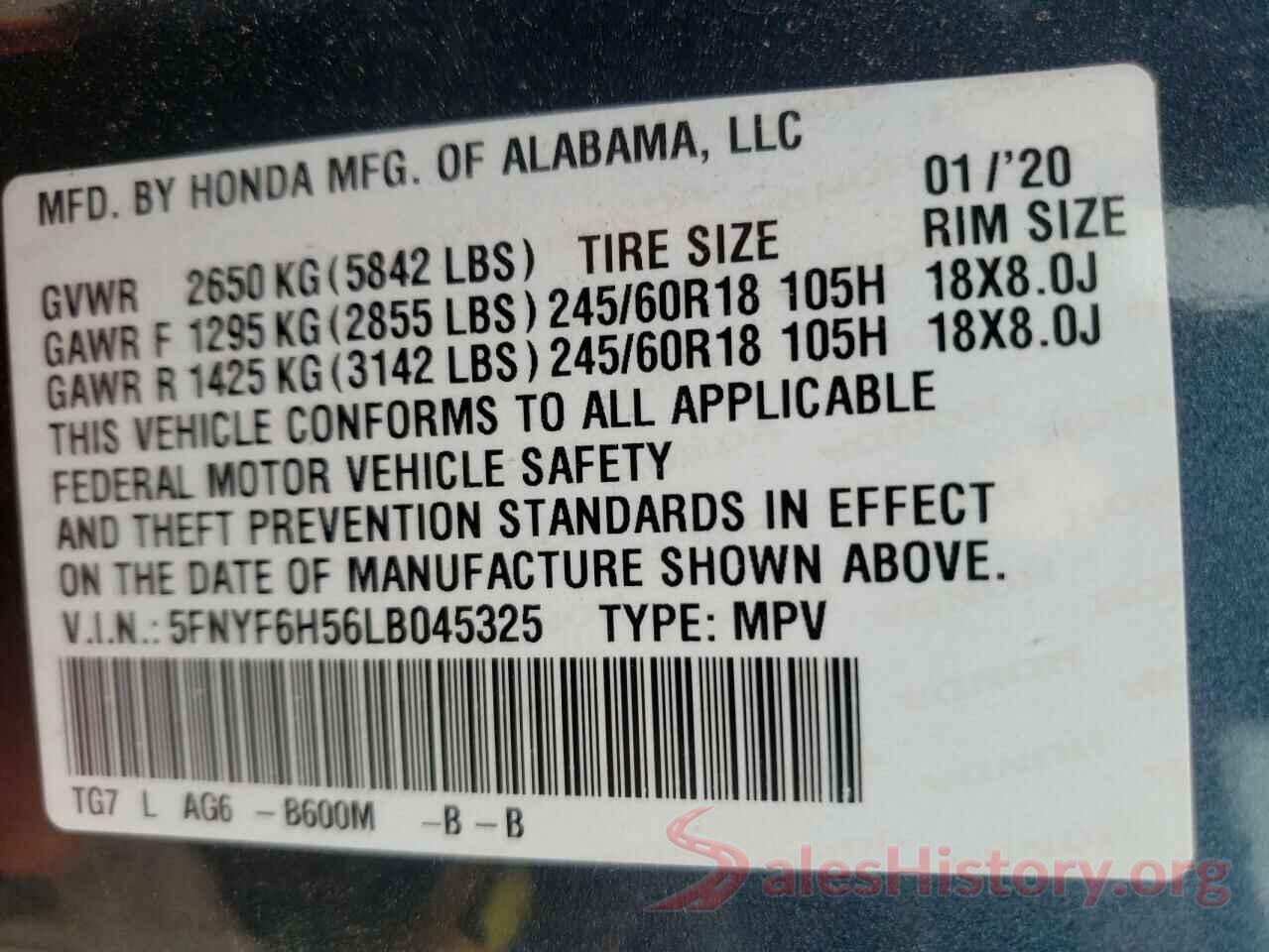 5FNYF6H56LB045325 2020 HONDA PILOT