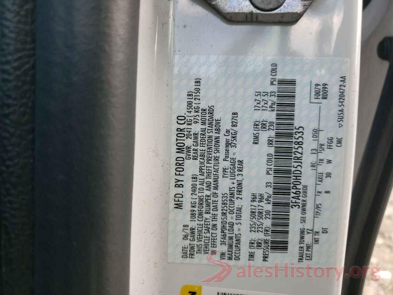 3FA6P0HD5JR258535 2018 FORD FUSION