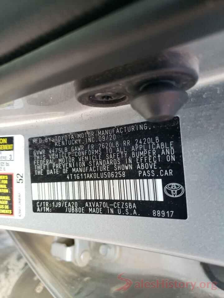 4T1G11AK0LU506258 2020 TOYOTA CAMRY