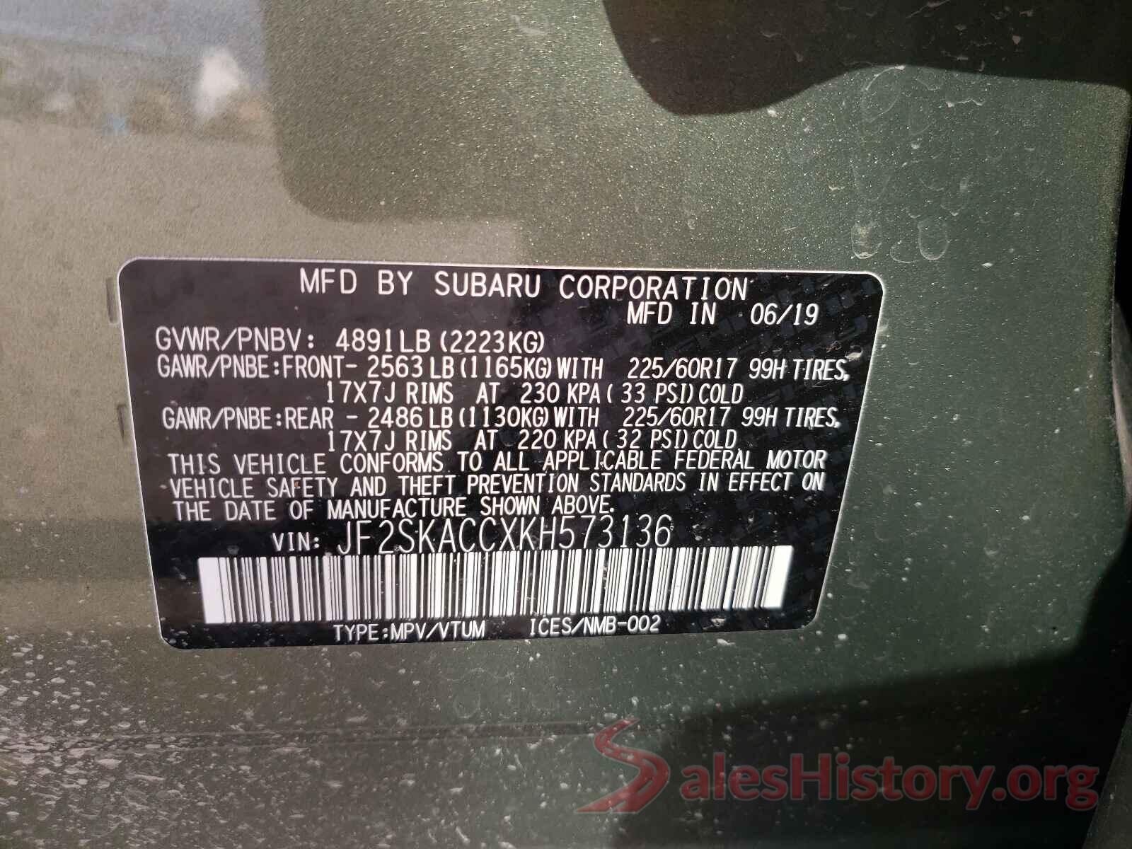 JF2SKACCXKH573136 2019 SUBARU FORESTER